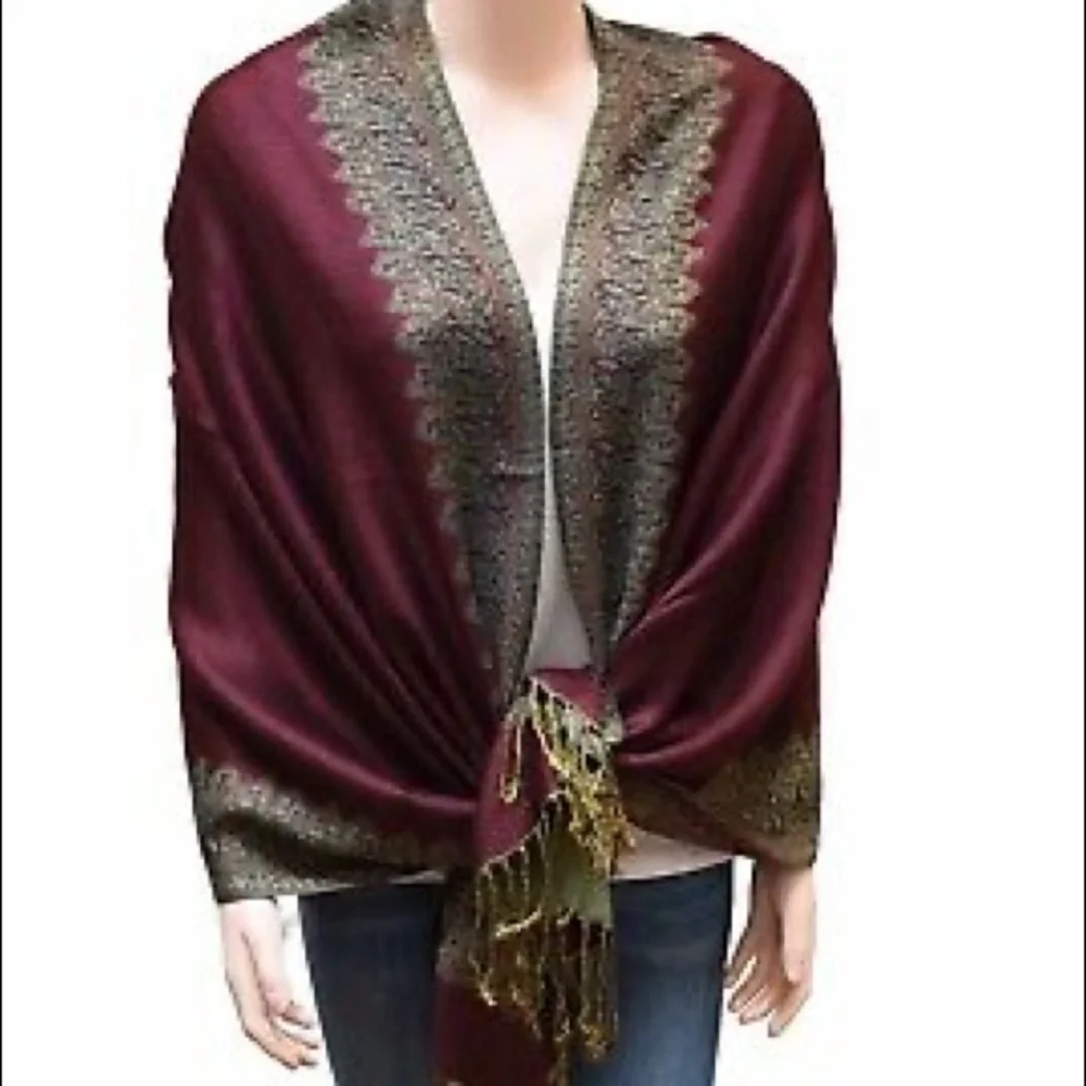 Pashmina Style Border Pattern Wine Scarf/ Shawl NEW